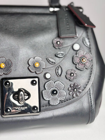 Women's Coach #54079 Willow Floral Leather Pre-owned Black Top Handle Rare Bag