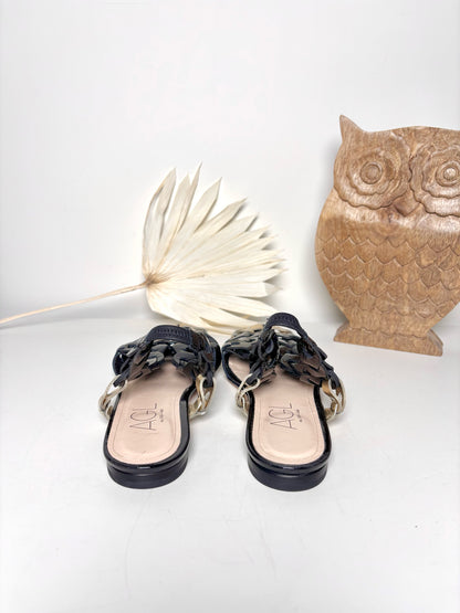 W Shoe Size 37.5 (7.5) AGL Black, Gold Leather Patent Sandals
