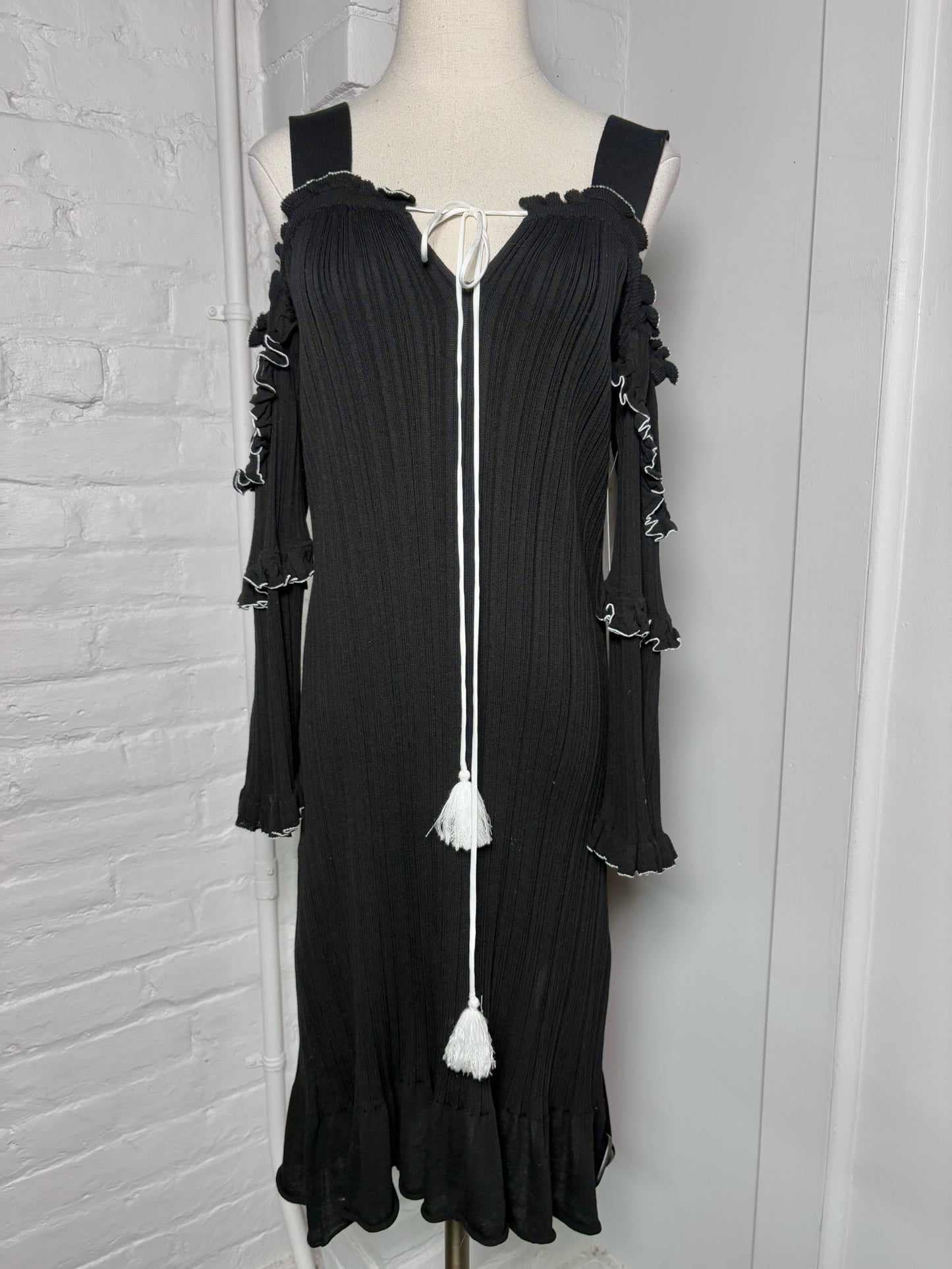 Women Size S/P Derek Lam 10 Crosby Black Solid w/White Piping Lettuce Trim Dress