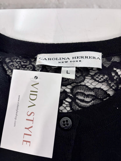 Women Size L Carolina Herrera Black Solid w/Lace Sleeves Wool, Lace Sweater
