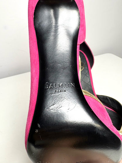 W Size 39 (8 - 8.5) Balmain Miley Fuchsia, Gold Trim Leather Suede NWOT Heels