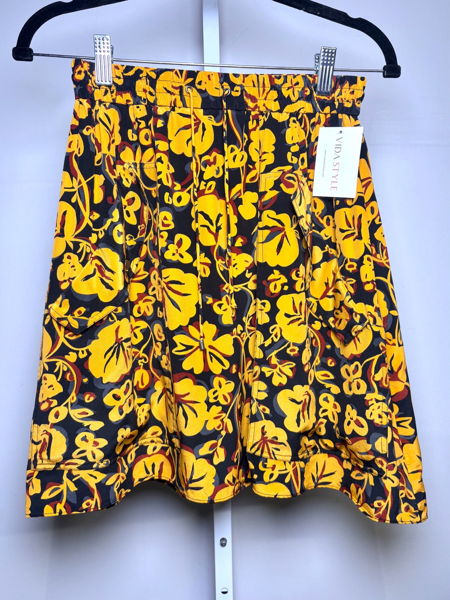 Women Size 34 Kenzo Gold, Black, Gray, Burgundy Print Pure Silk Women's Skirt