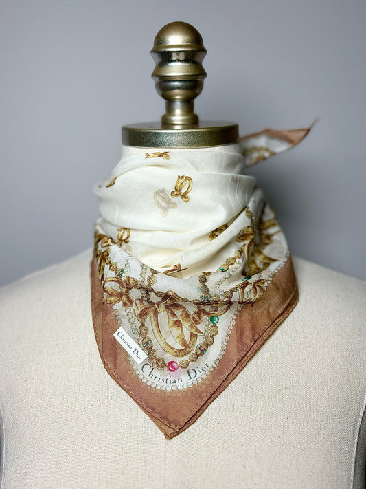 Christian Dior Cream Light Brown Trim Bow Motif Cotton Scarf