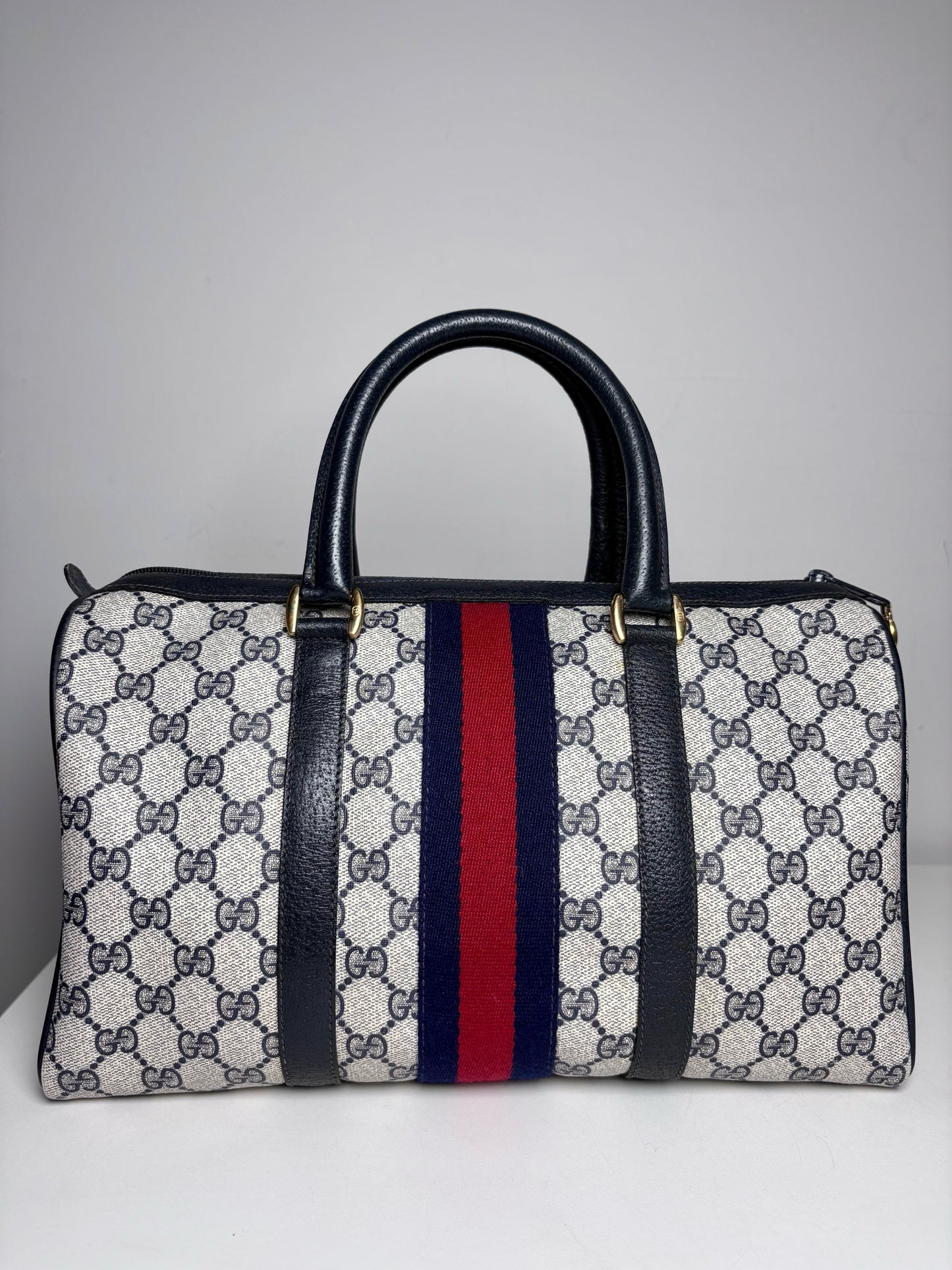 Vintage Gucci Boston Bag Monogram Navy Coated Canvas w/Leather Trim | Pre-owned