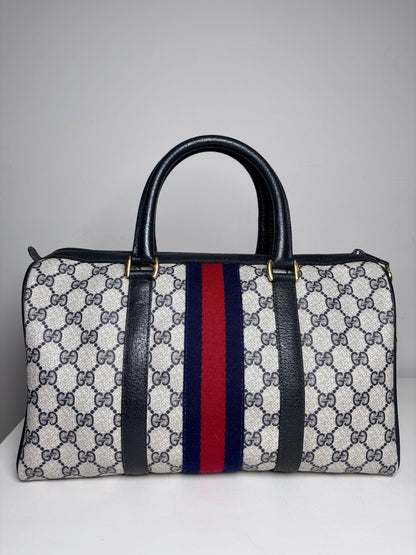 Vintage Gucci Boston Bag Monogram Navy Coated Canvas w/Leather Trim | Pre-owned