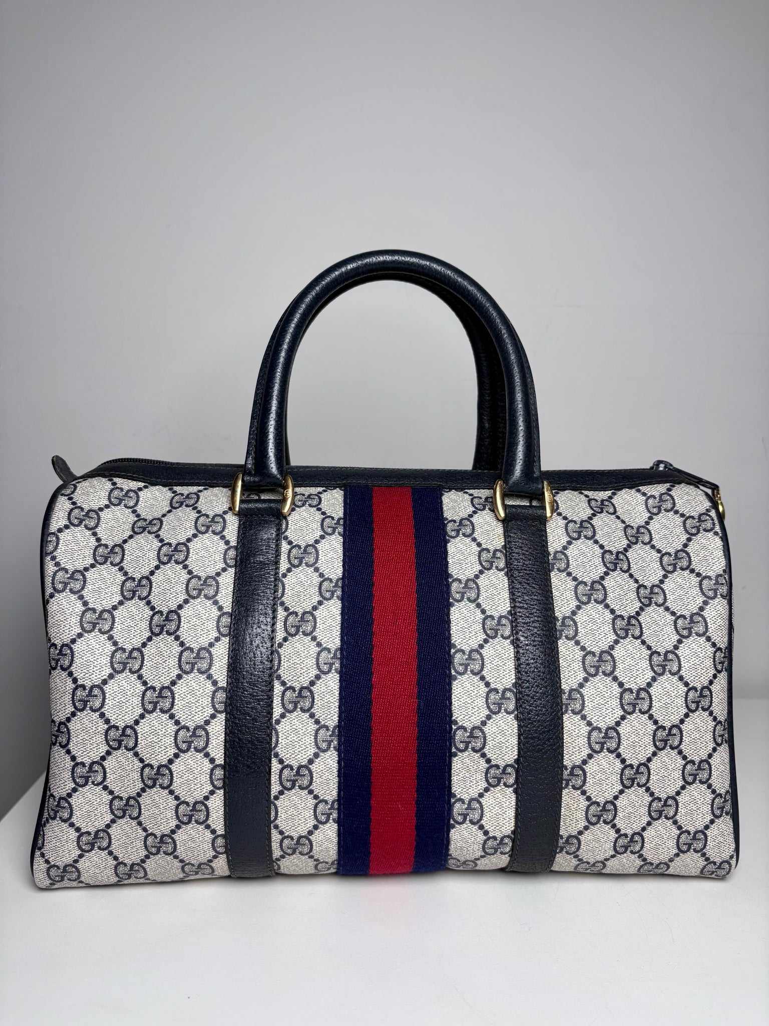 Vintage Gucci Boston Bag Monogram Navy Coated Canvas w/Leather