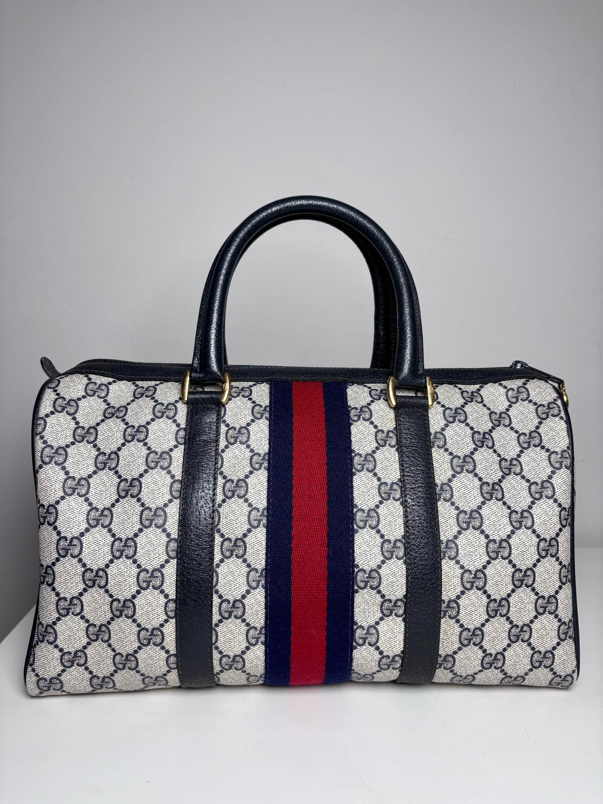 Vintage Gucci Boston Bag Monogram Navy Coated Canvas w/Leather 