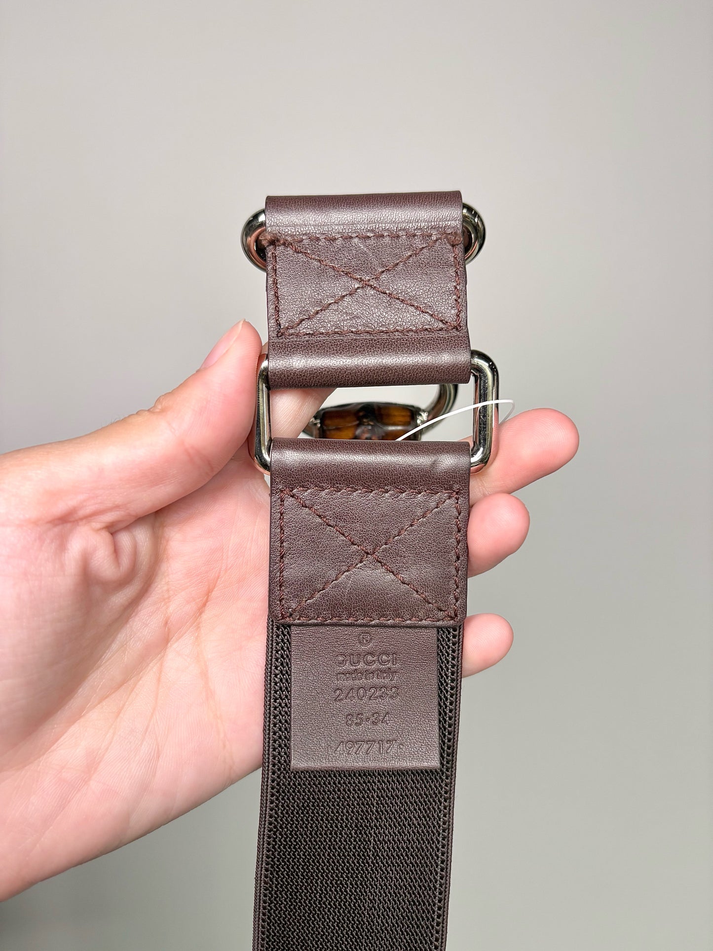 Women's Gucci 95-38 (M/L) Brown Elastic Silver Buckle Bamboo Belt