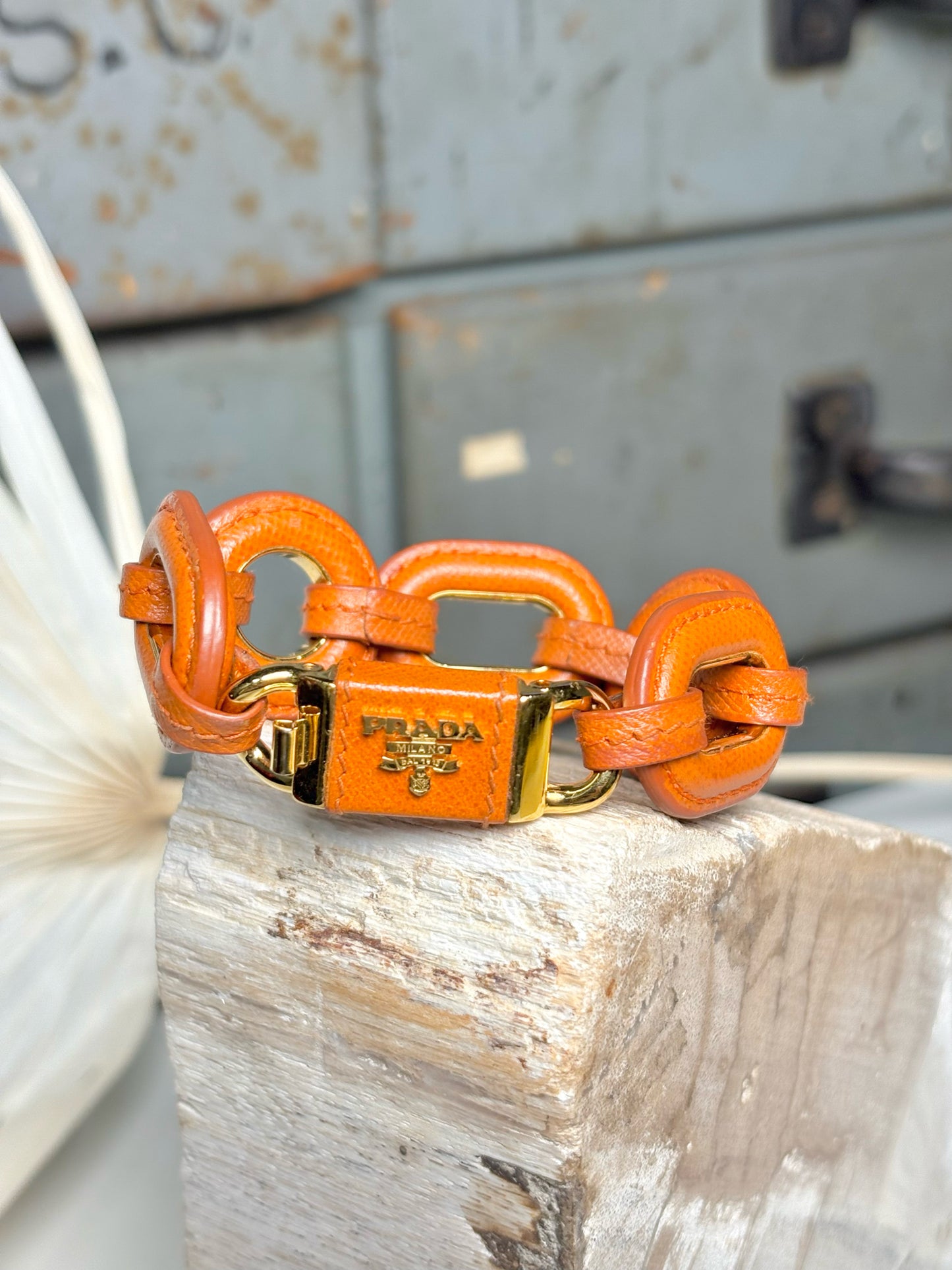 Pre-Owned Prada Leather Chain Links Orange Bracelet
