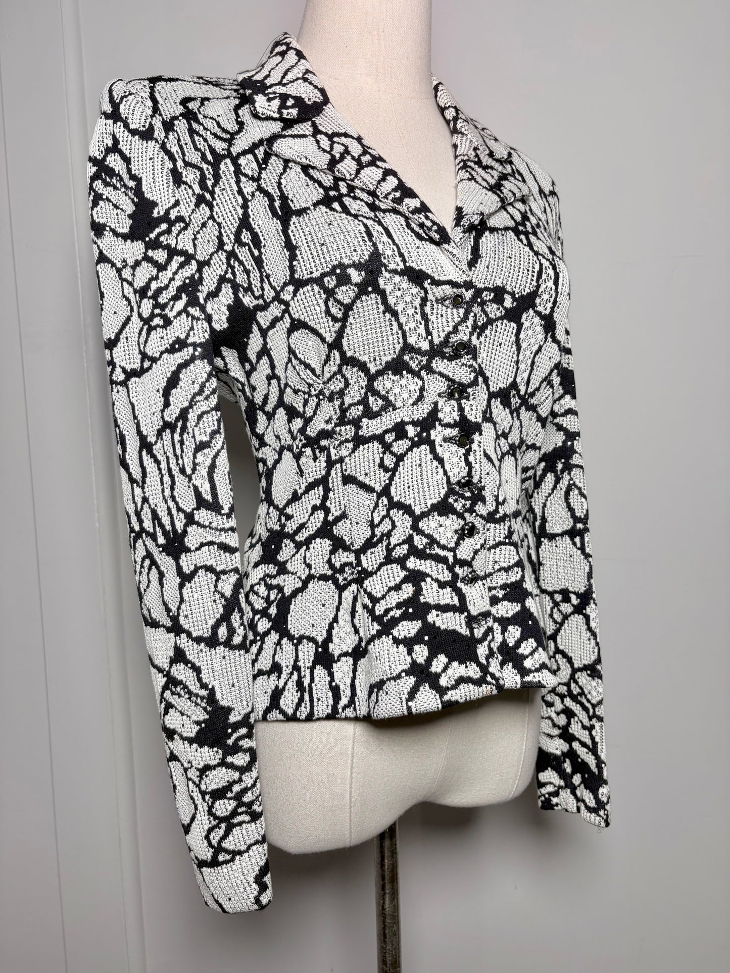 Women Size 4 St. John White, Black Floral Print Wool, Rayon Jacket