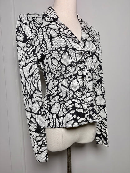 Women Size 4 St. John White, Black Floral Print Wool, Rayon Jacket