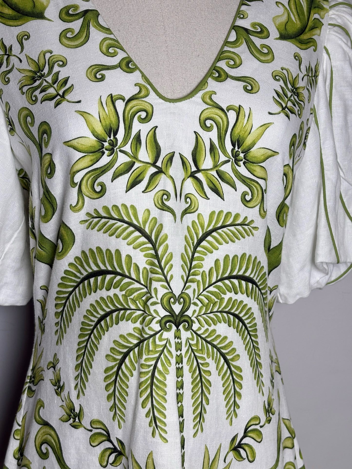 Pre Owned Size S Farm Rio White, Green Filigree Design Linen Women's Linen Dress