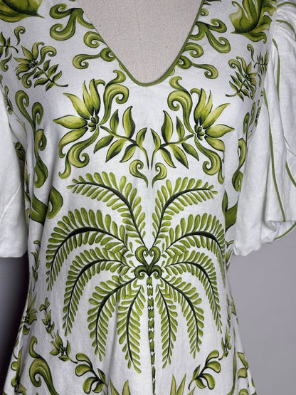 Pre Owned Size S Farm Rio White, Green Filigree Design Linen Women's Linen Dress