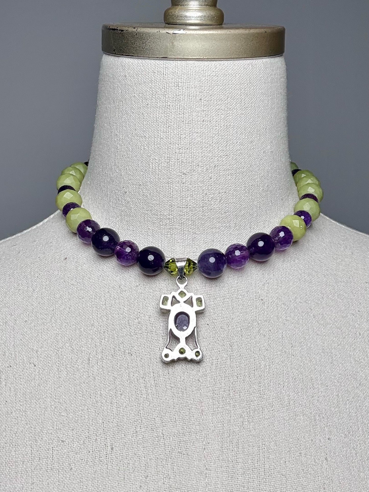 Peridot, Amethyst, Resin Beads Sterling Silver Pre-owned Necklace