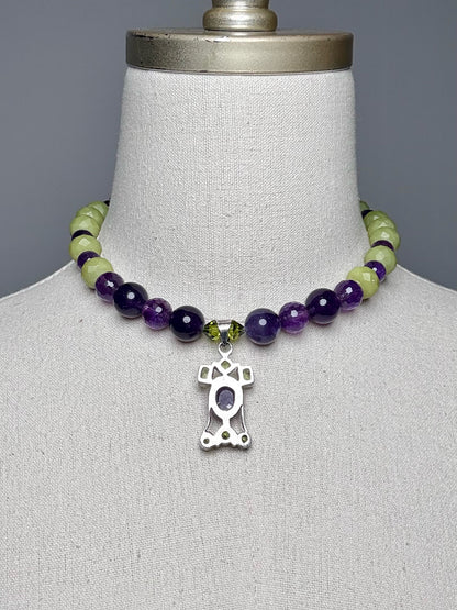 Peridot, Amethyst, Resin Beads Sterling Silver Pre-owned Necklace