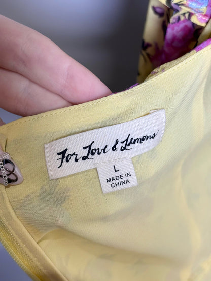 Women Size L For Love & Lemons Yellow Floral Print 92% Silk  Dress