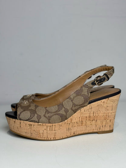W Shoe Size 6.5 Coach Brown Canvas Cowhide Women's NWOT Wedges