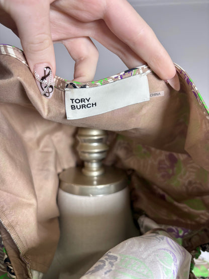 Women Size 4 Tory Burch Brown, Green Floral Pure Cotton Women's Pre-owned Dress