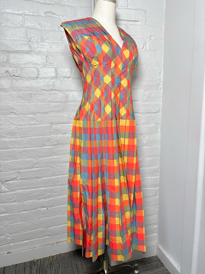 Women Size 2 Tory Burch Orange, Mustard, Green, Blue & Plum Plaid Cotton Dress