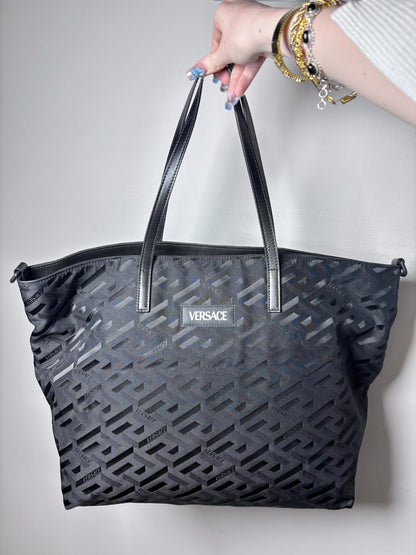 Versace Jacquard, Monogram Nylon Pre-owned Black Leather + Pouch Crossbody Tote