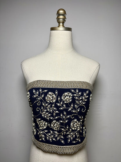 Women Size 4 Alice + Olivia Navy Beaded Polyester Pre-Owned Strapless Crop Top