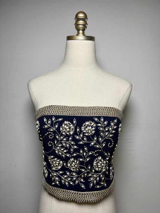Women Size 4 Alice + Olivia Navy Beaded Polyester Pre-Owned Strapless Crop Top