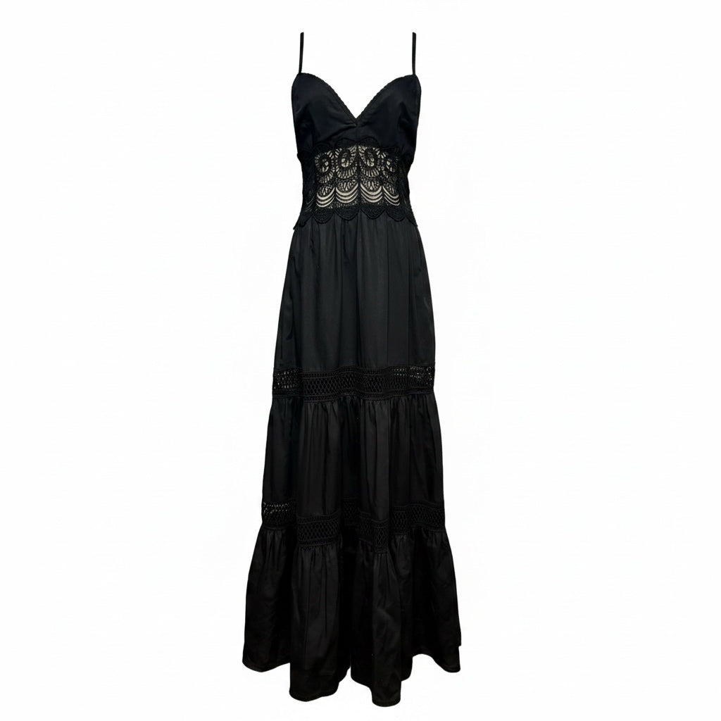 Women Size L Loretta Caponi Firenze Black Pure Cotton with Lace Pre-Owned Midi Dress