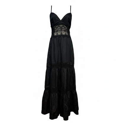 Women Size L Loretta Caponi Firenze Black Pure Cotton with Lace Pre-Owned Midi Dress