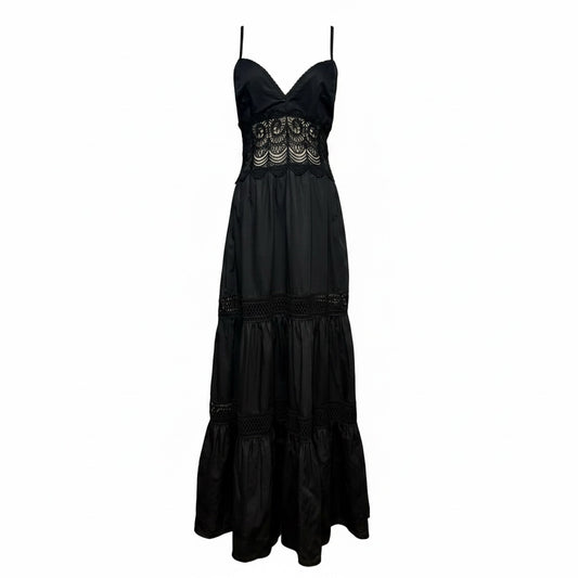 Women Size L Loretta Caponi Firenze Black Pure Cotton with Lace Pre-Owned Midi Dress