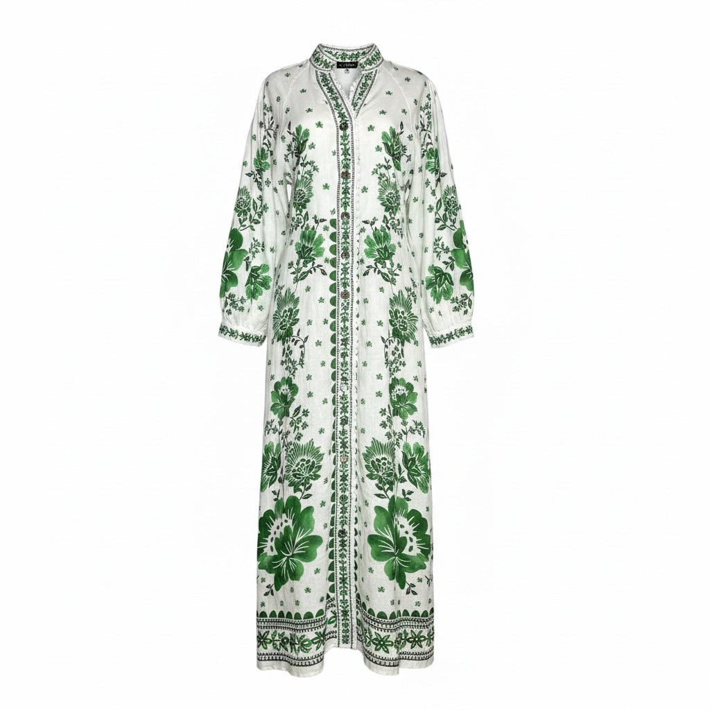 Women Size M Magaschoni White, Green Floral Pure Linen Pre-owned Dress