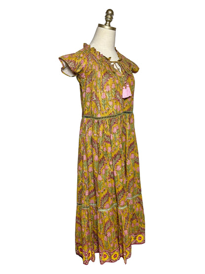 Women Size XS Clara the Label Olive Green Pink Gold Print Cotton NWT Pre-Owned Midi Dress