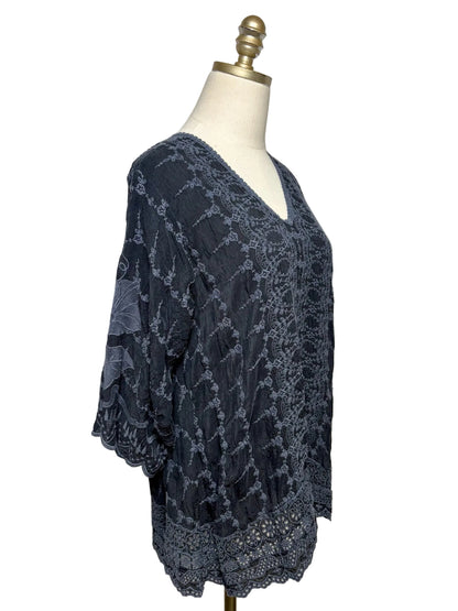 Women Size S Johnny Was Black & Charcoal Embroidered Pure Cupra Pre-Owned Tunic Top