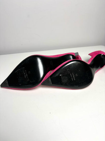 W Size 39 (8 - 8.5) Balmain Miley Fuchsia, Gold Trim Leather Suede NWOT Heels