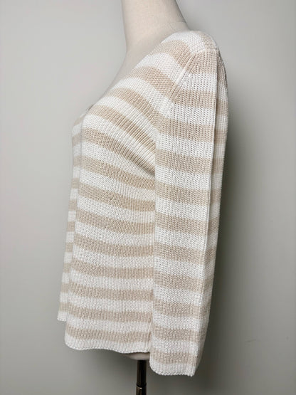 Women Size 6 Amina Rubinacci Khaki, Cream Stripe Cotton Sweater