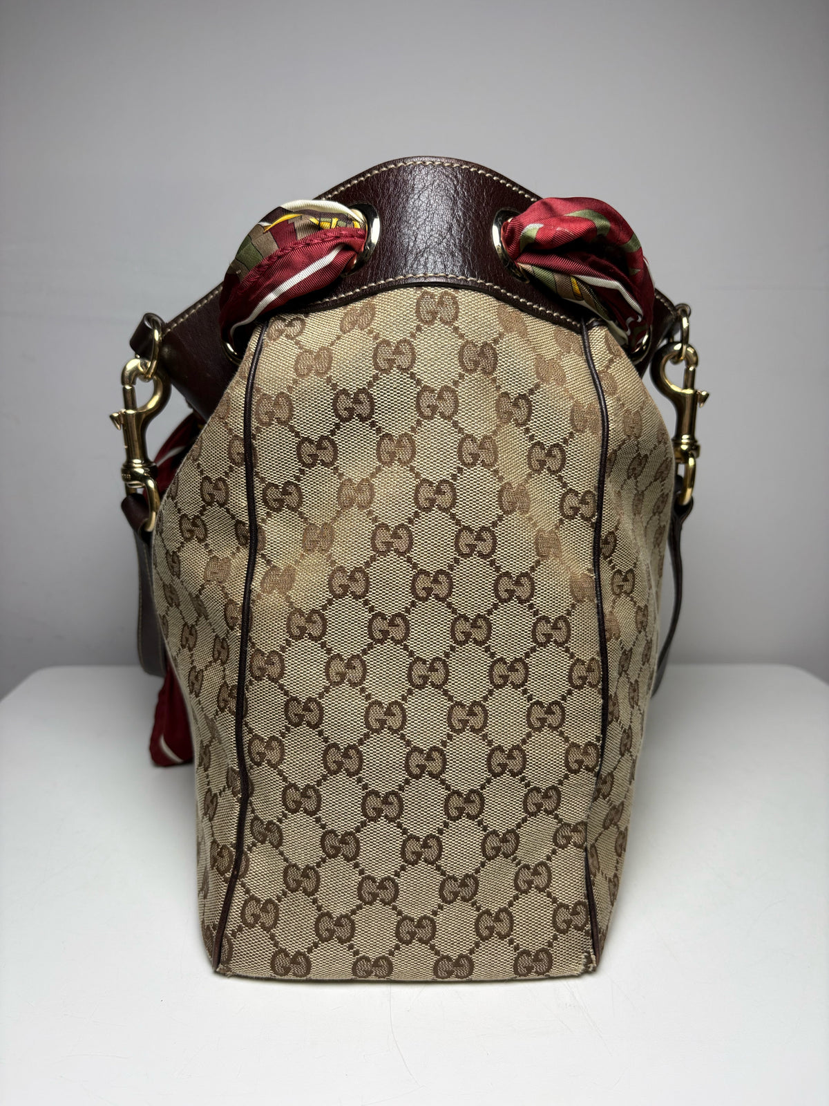 Women's Authentic Gucci GG Canvas Positano Brown Leather Vintage Authentic Pre-Owned Tote Bag