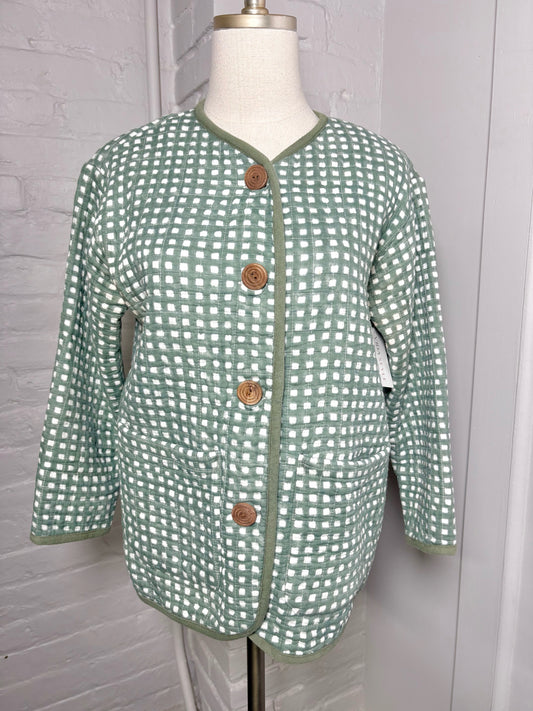 Women Size M India Collection Emerson Fry Green, White Gingham Cotton Jacket