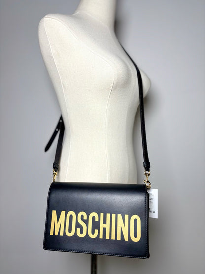 Moschino Solid Leather Black Crossbody Lettering Purse