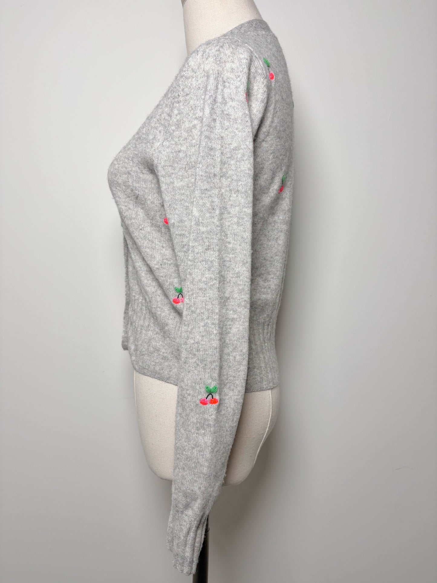Women Size XS Brodie Gray Embroidered Cherries Cashmere Sweater