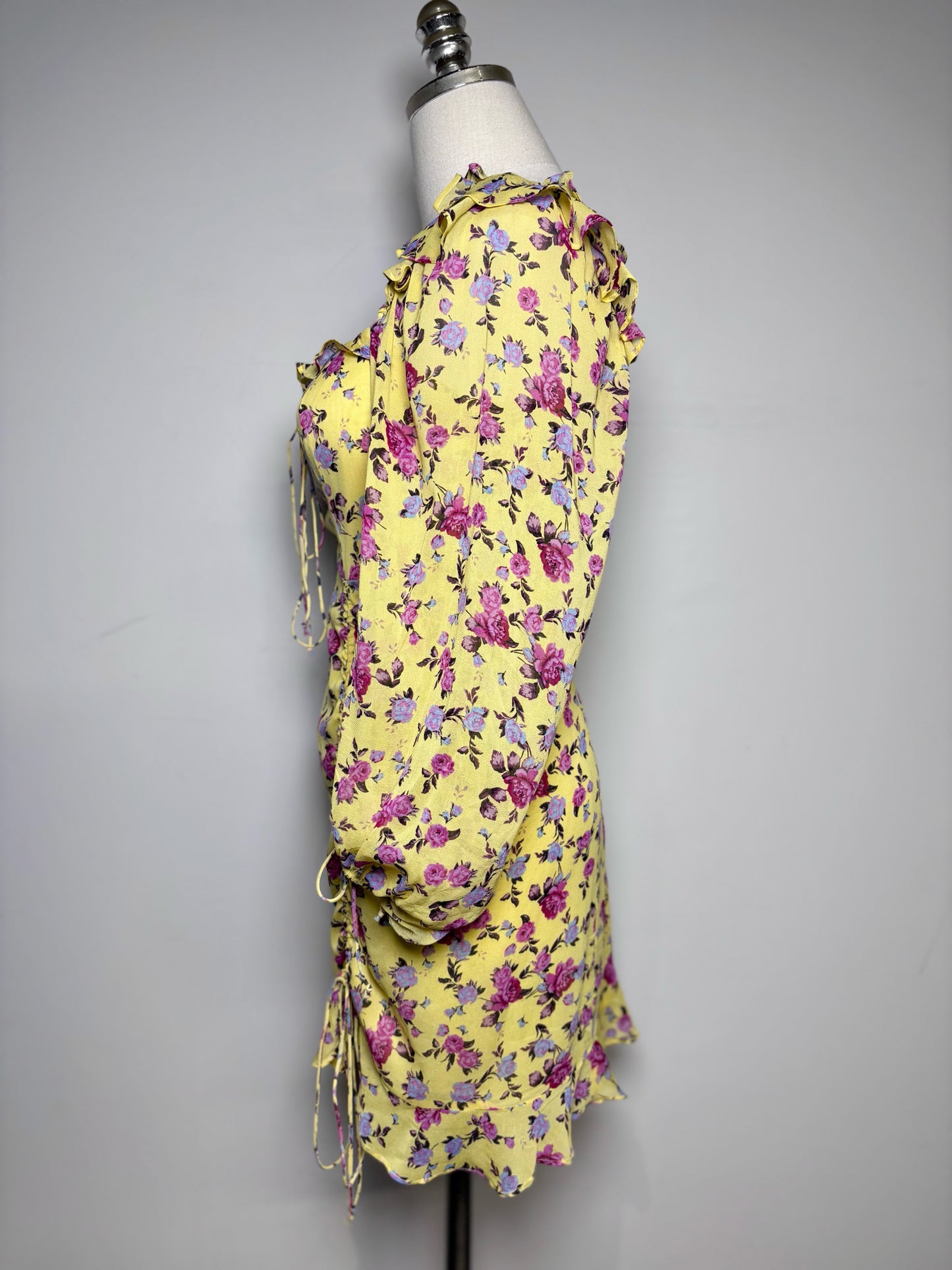 Women Size L For Love & Lemons Yellow Floral Print 92% Silk  Dress