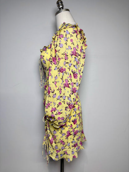 Women Size L For Love & Lemons Yellow Floral Print 92% Silk  Dress