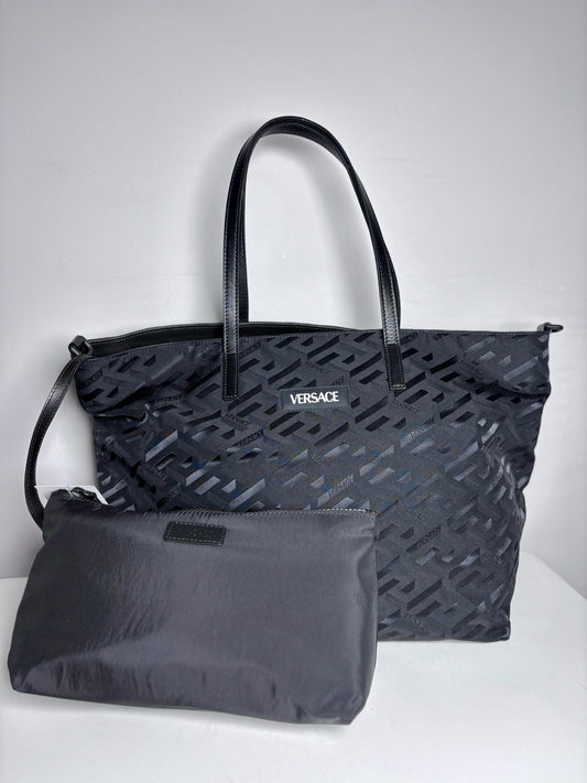 Versace Jacquard, Monogram Nylon Pre-owned Black Leather + Pouch Crossbody Tote