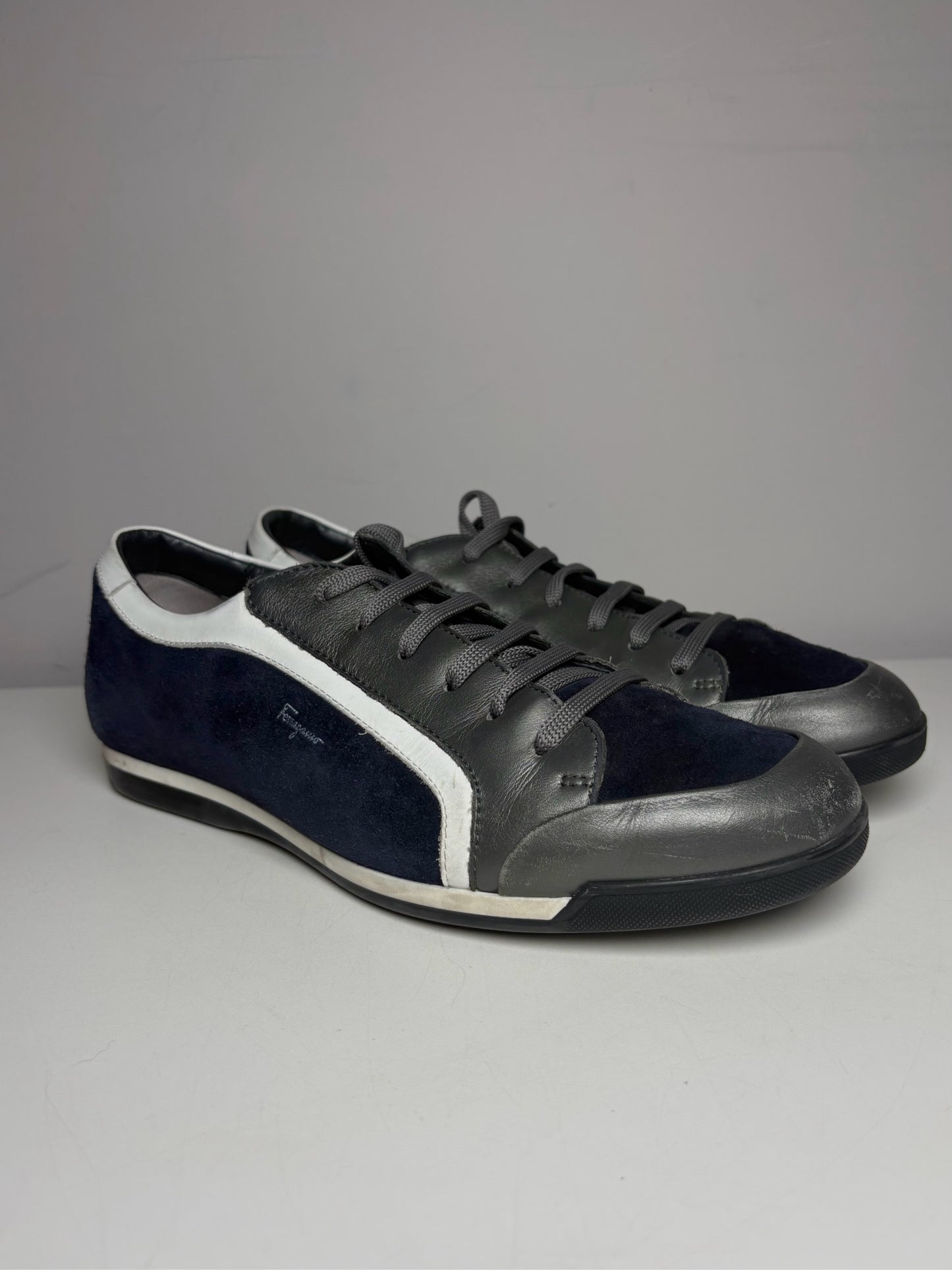 Salvatore Ferragamo Blue, Gray, White Cowhide Leather, Suede Leather Sneakers