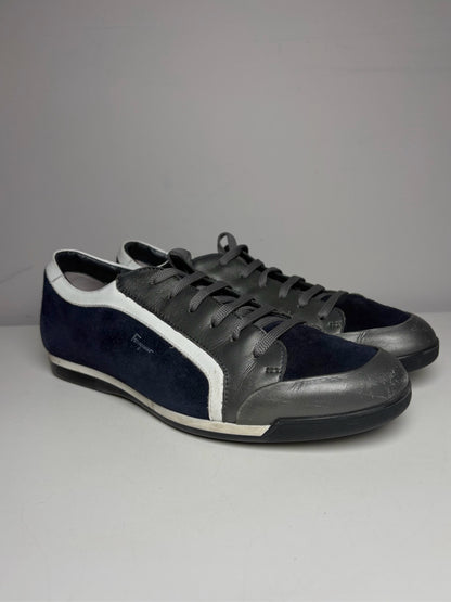 Salvatore Ferragamo Blue, Gray, White Cowhide Leather, Suede Leather Sneakers