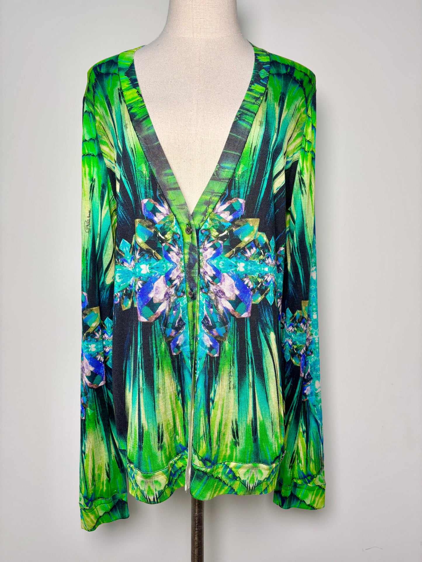 Women Size 46 (10, US) Roberto Cavalli Green, Black, Purple Jewels Print Sweater
