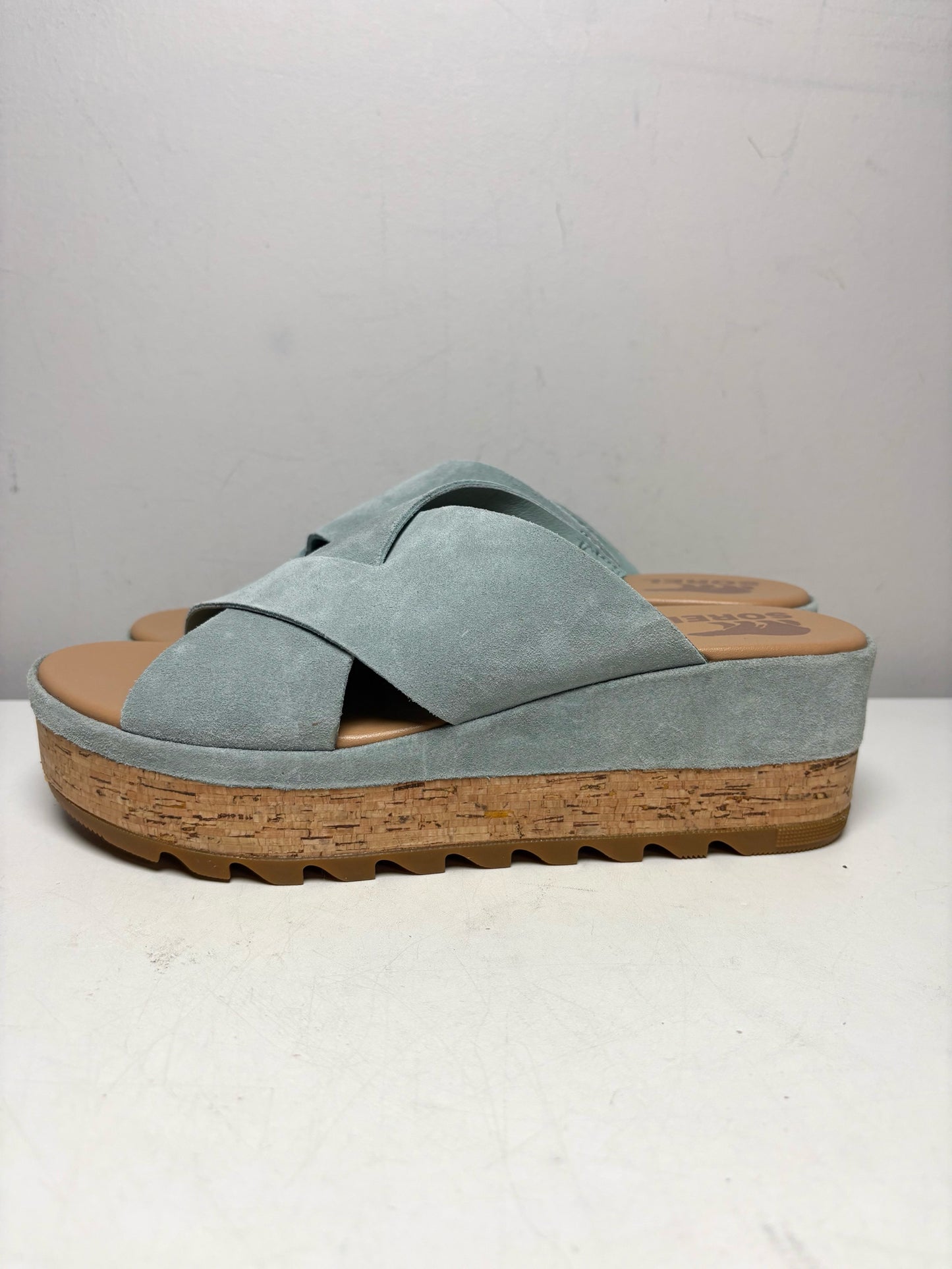 Women Shoe Size 8.5 Sorel Blue Suede & Cork NWT Pre-Owned Cameron Flatform Mule Sandals