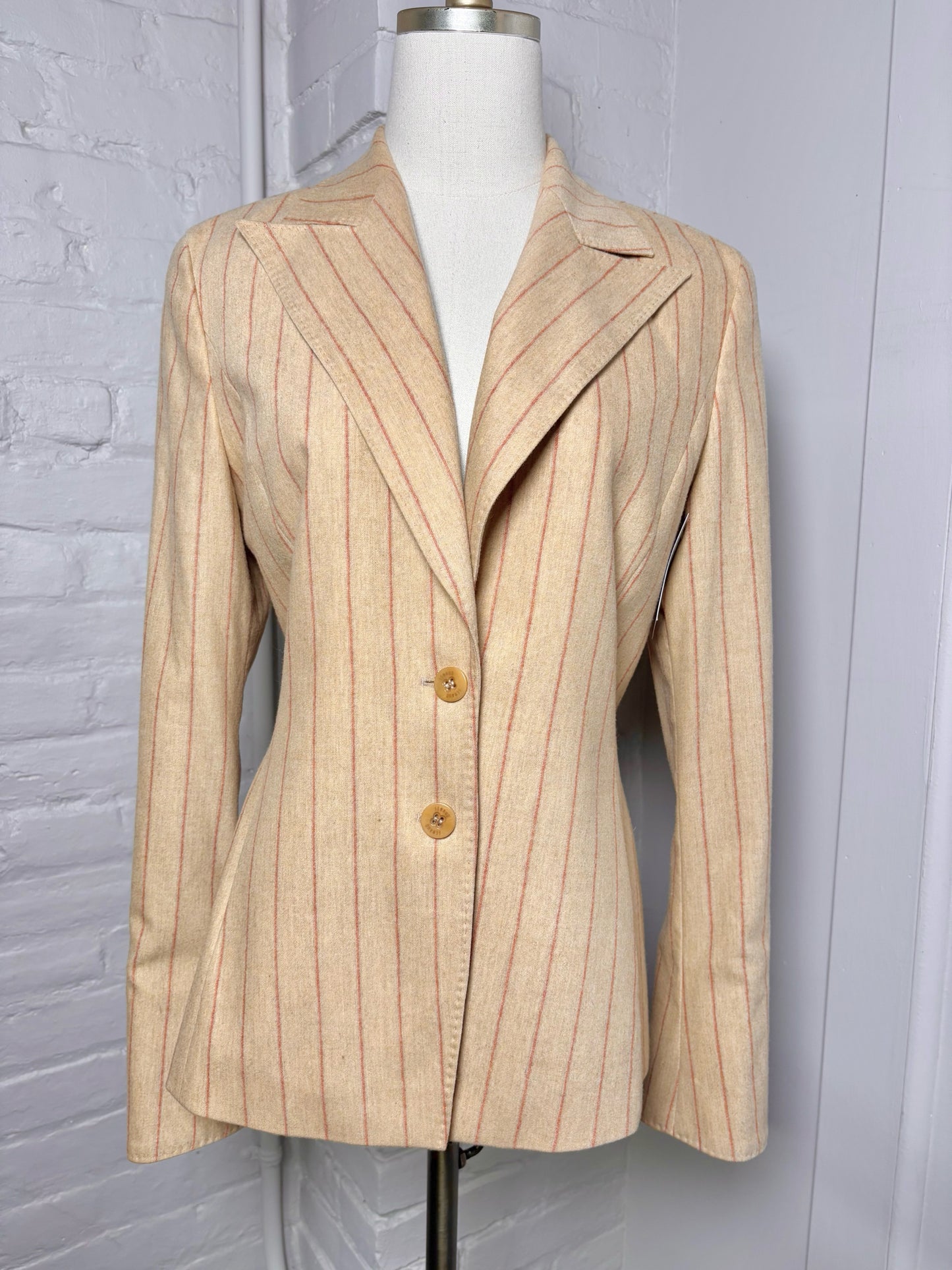 Women Size 40 (8) Feraud Camel Striped Vintage Wool 2 Piece Pant Suit