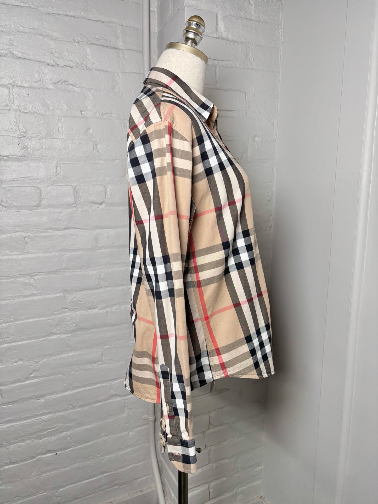 Women Size XL (Fits S) Burberry Khaki, Black, Red, White Check Print Shirt