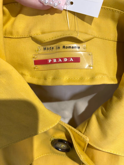 Women Size 40 (0 - 4 US) Prada Yellow Solid Cotton, Leather Trim Coat