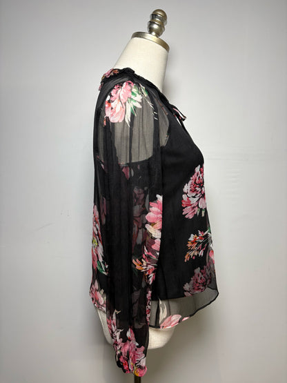 Women Size PS Jade by Johnny Was Black Floral Print Pure Silk Pre-Owned 2-Piece Blouse