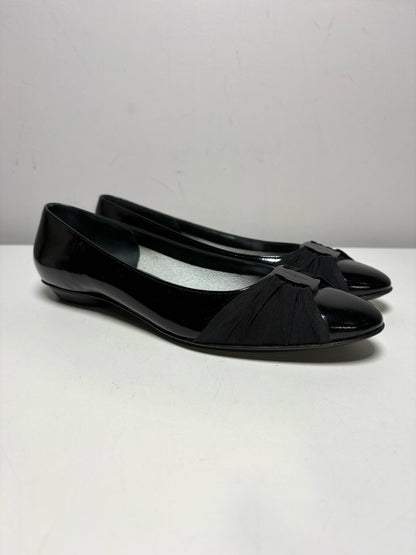 Women Shoe Size 7.5 Salvatore Ferragamo Black Patent Leather Calf Vintage Pre-Owned Crinoline Ballet Flats